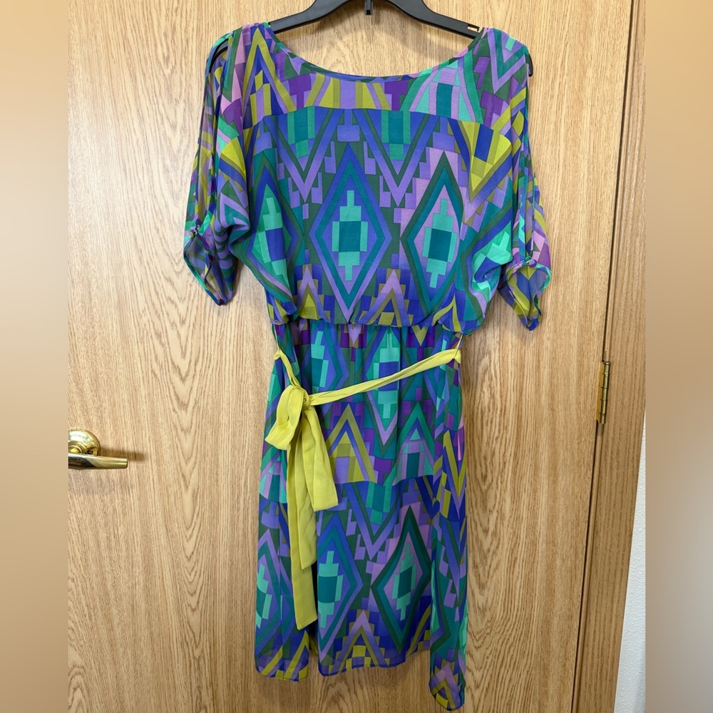 Adrianna Papell Blue Geometric Patterned Dress with Belt